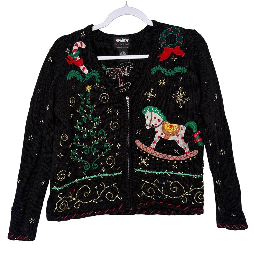 Vtg 90s Whimsical Rocking Horse Christmas Cardigan P/S Cottagecore Beaded Cute